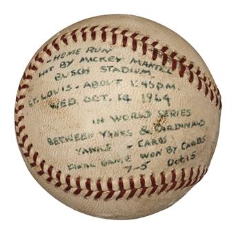 1964 Mickey Mantle Game Used World Series Home Run #17 Baseball from October 14th 1964 vs. the St. Louis Cardinals (MEARS LOA and Original Owner LOA) 